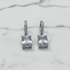 Silver Plated Anti Tarnish Rectangular American Diamond Studded Crushed Ice Cut Drop Earrings
