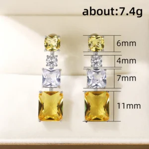 American Diamond Studded Yellow Geometrical Crushed Ice Cut Drop Earrings